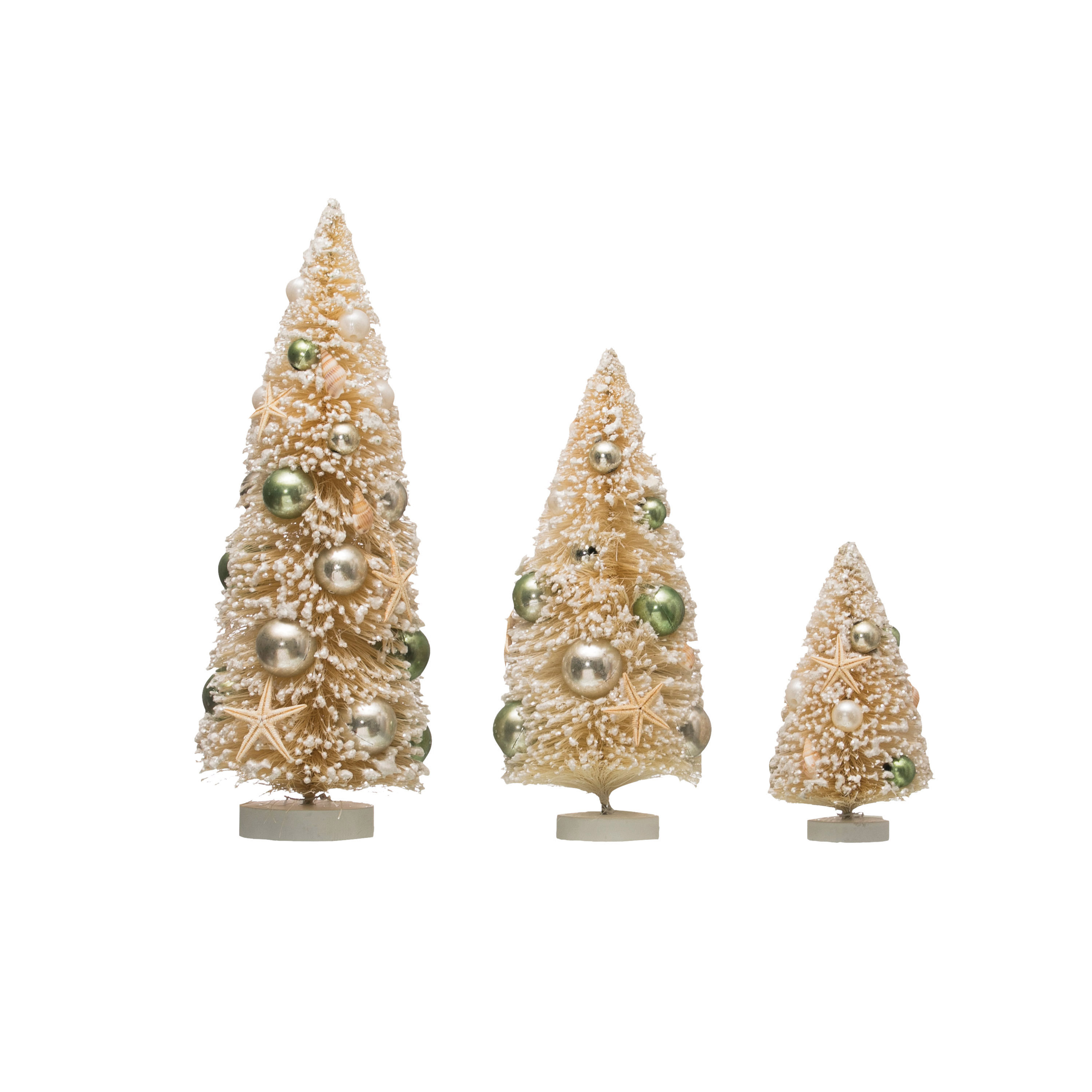 The Holiday Aisle 3 Piece Bottle Brush Trees With Shells And Ornaments On Wood Base Set Wayfair