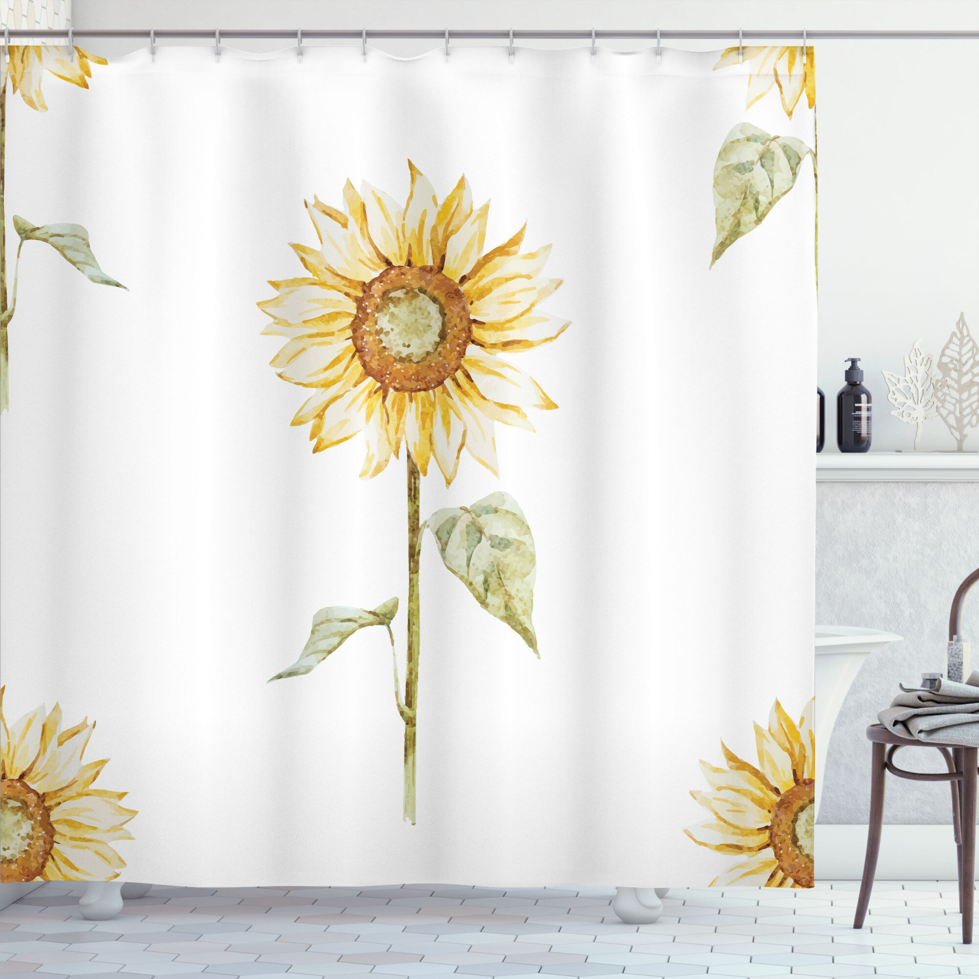 Sunrise Golden Sunflowers Fabric Shower Curtain Set & Hooks Bathroom Decor Mat 