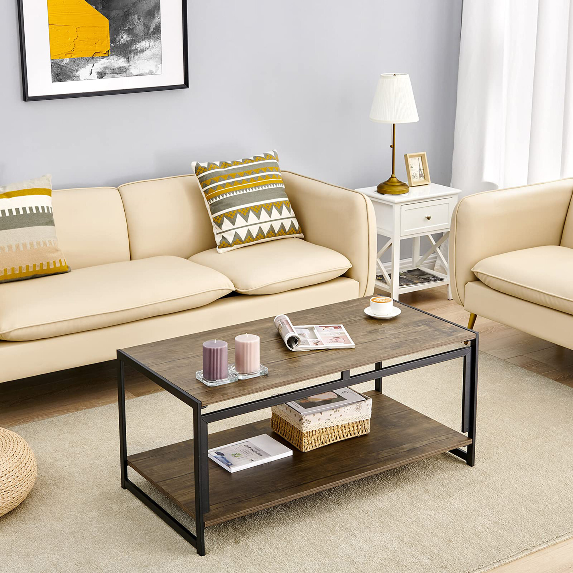 2 Tier Cocktail Table with Storage Shelf for Living Room Look Accent Furniture with Metal Frame Modern Studio Collection Classic Rectangular Modern Home Coffee Table