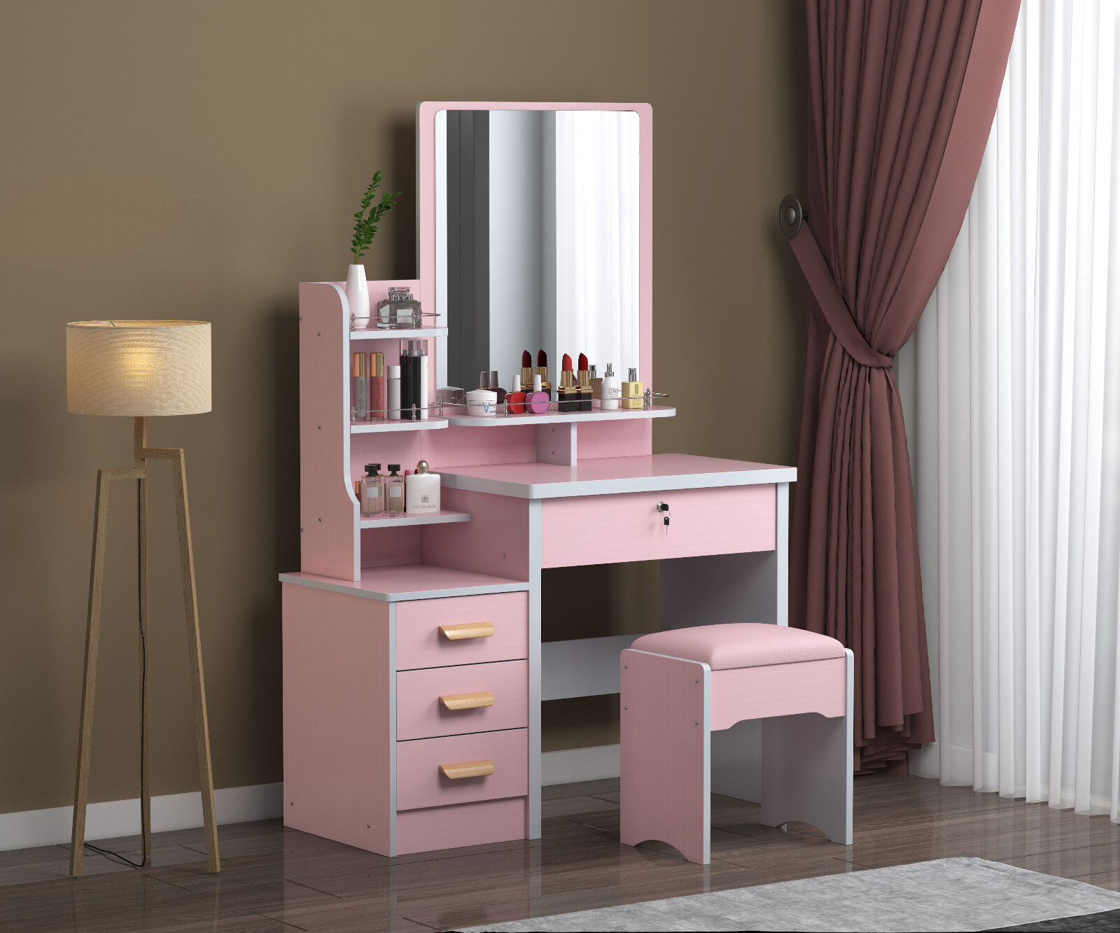 Ebern Designs Modern Dressing Table Stool Bedroom Vanity Set Makeup Desk W Mirror 4 Drawers Wayfair