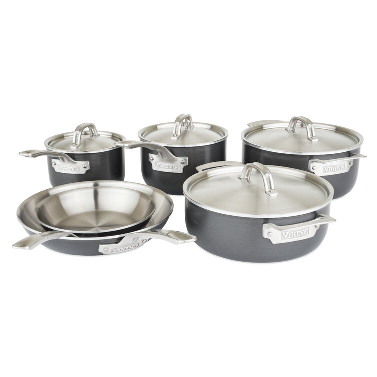 10 Piece Viking 5-Ply Hard Stainless Cookware Set with Hard Anodized Exterior 
