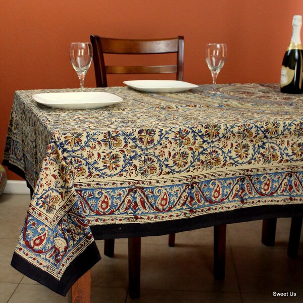 India Arts Cotton Tan Vegetable Dye Hand Block Print Tablecloth Square 60x60 