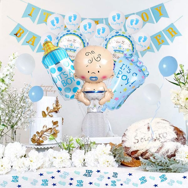Baby Shower Boy Party Favour Blue Balloons IT'S A Boy Bunting Pompoms Birthday