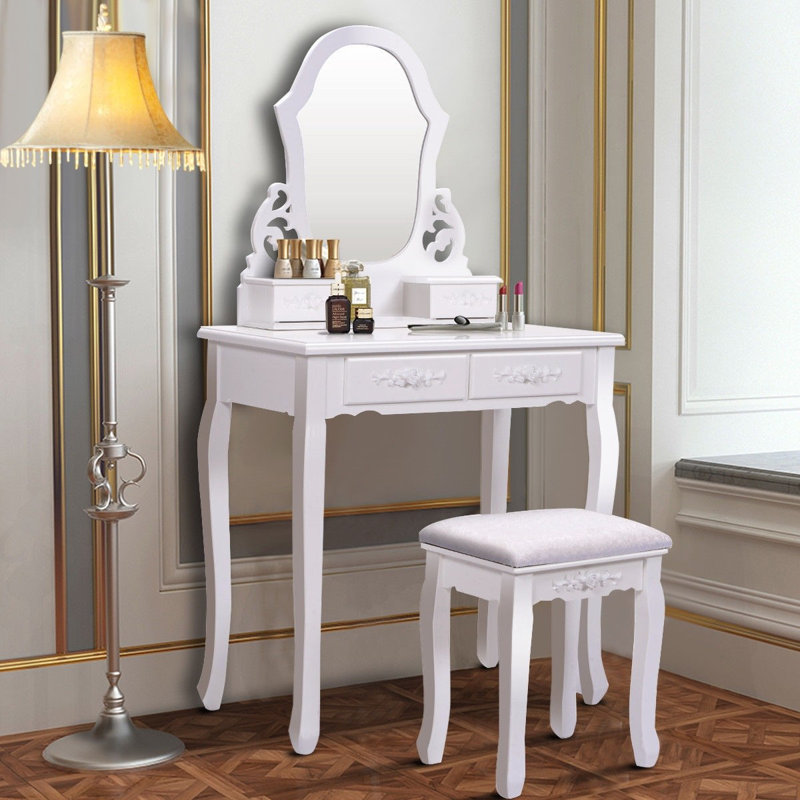 Rosdorf Park White Vanity Makeup Dressing Table With Mirror 4 Drawers Wayfair