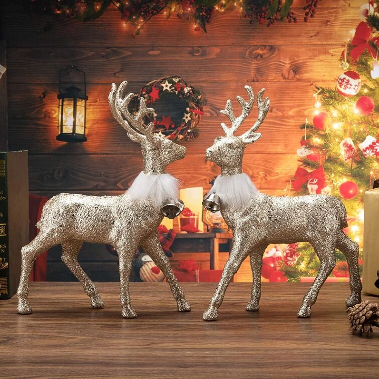 Silver 2pcs Reindeer Figurines Deer Figurine Animal Crafts Sculpture Desktop Ornament for Xmas Holiday Party Table Decoration 