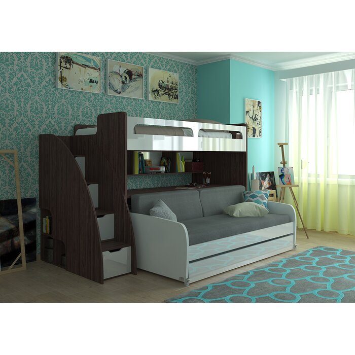 Gautreau Twin L Shaped Bunk Beds With Trundle And Shelves