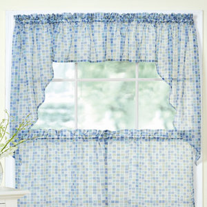 Tiles Block Print Sheer Voile Kitchen Curtain Valance