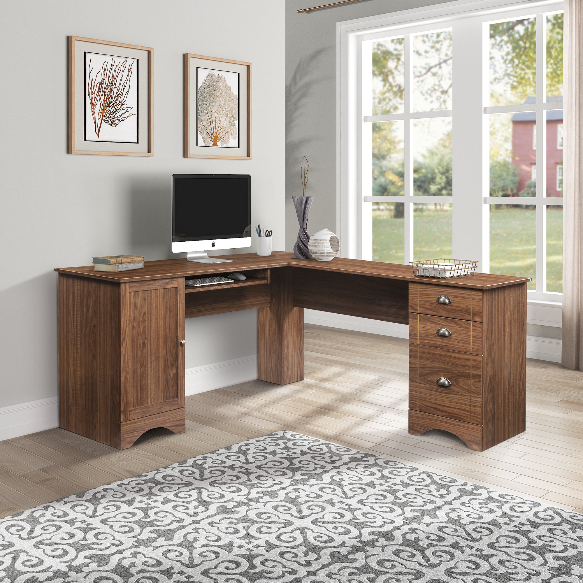 Red Barrel Studio L Shaped Desk Modern Corner Computer Table With Three Drawers And Hidden Storage Space Shelves Wayfair Ca