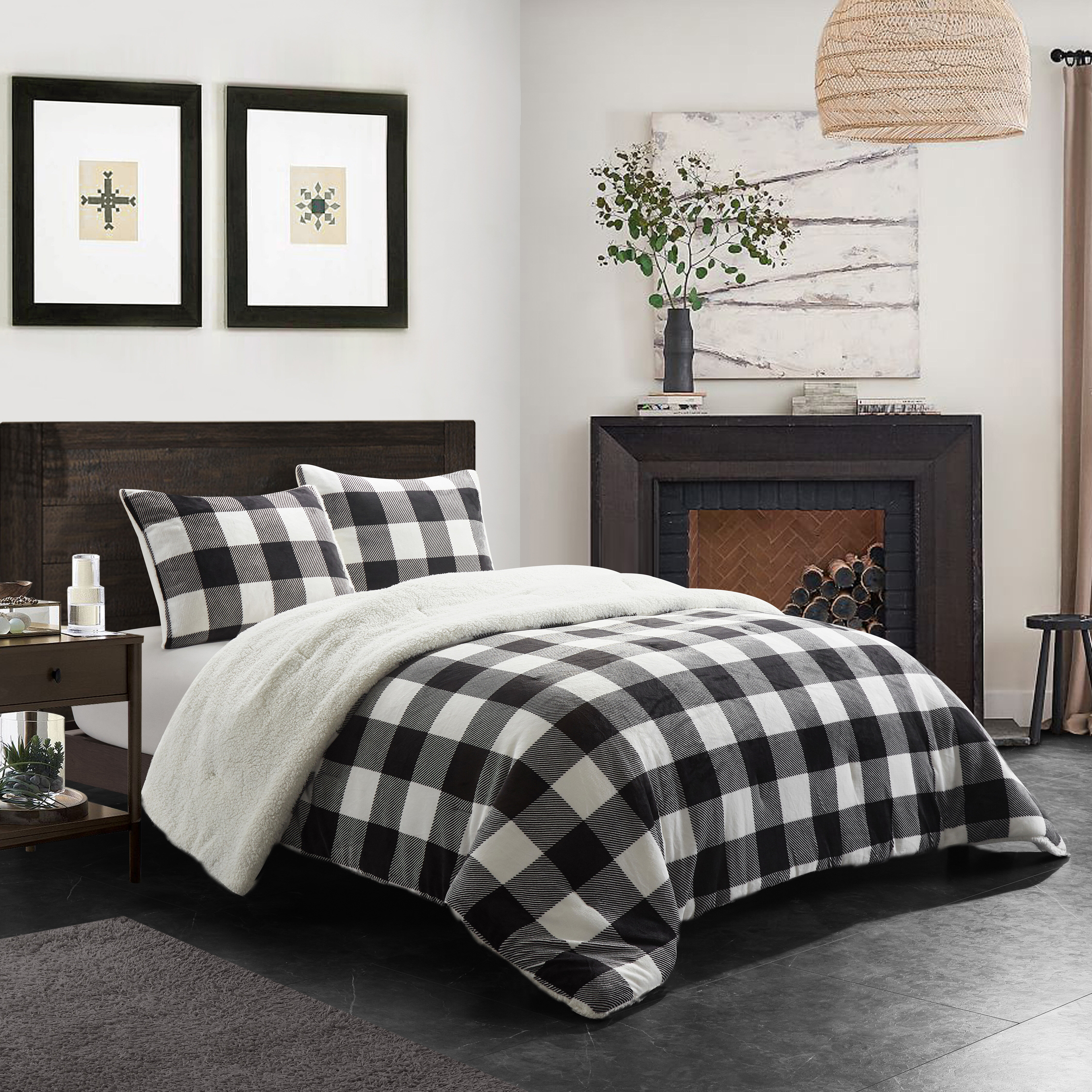 Plaid Reversible Buffalo 3 Piece Comforter with Two Pillow Shams Queen Size Set 