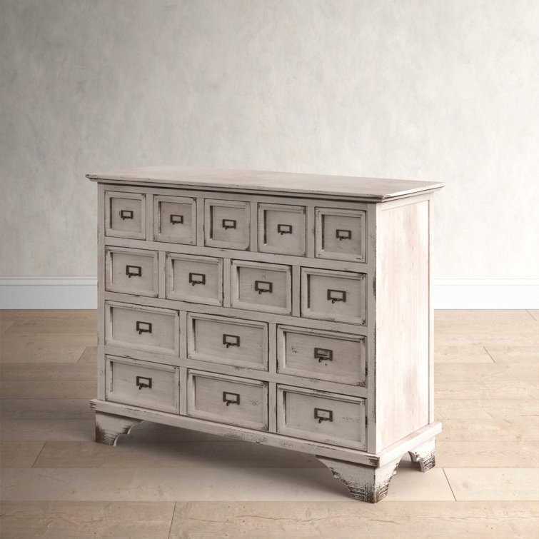 Antique White Distressed 15-Drawer Light Wood Apothecary Cabinet