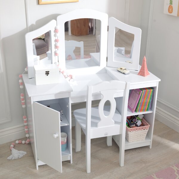 Details about  / Kids Girls Pretend Vanity Table Makeup Set W//Drawer Dressing Desk w//Mirror Stool