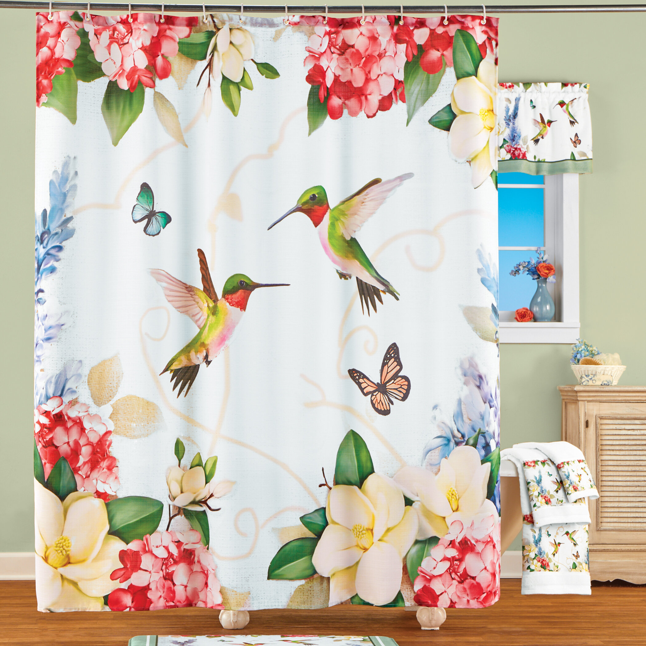 Hummingbirds in Flight Around Flowers Shower Curtain Polyester & Bath Mat 72*72" 