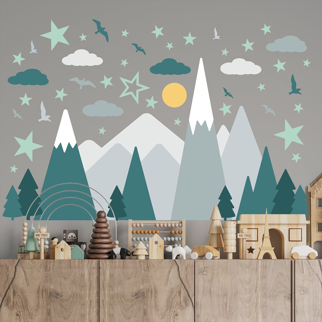 Mountains with Glowing Stars Wall Sticker green