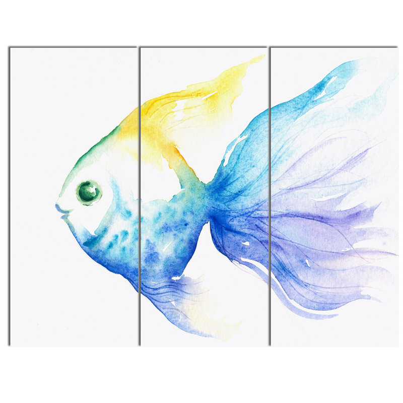 Designart Lovely Blue Fish Watercolor 3 Piece Painting Print On