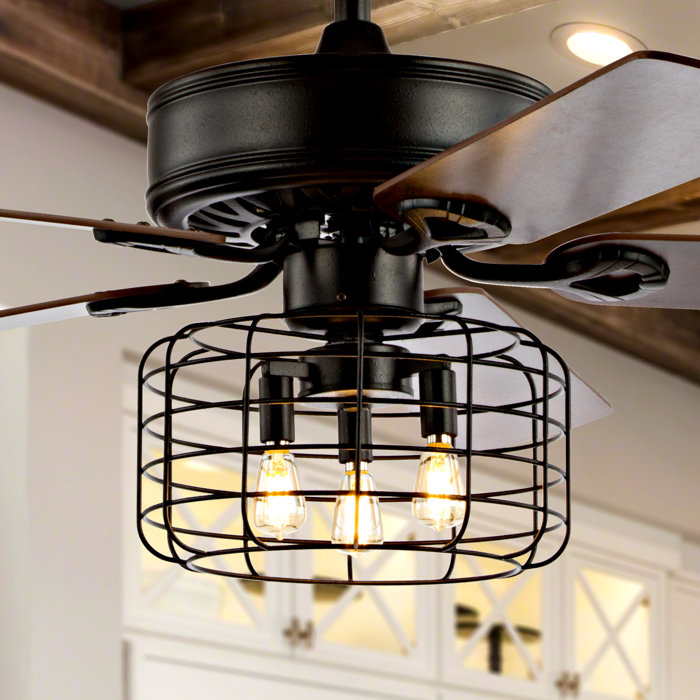 52 Vaughn 3 Light Industrial Metal Wood Ceiling Fan With Remote Forged Black