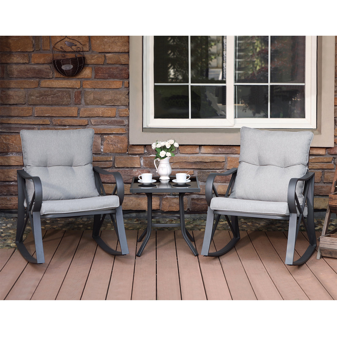 Ebern Designs 3 Piece Outdoor Patio Furniture Dark Grey Rocking 3 Piece Outdoor Patio Furniture