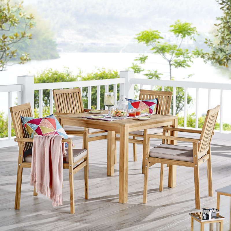 Rosecliff Heights Koa Outdoor Patio 5 Piece Teak Dining Set With Cushions Wayfair