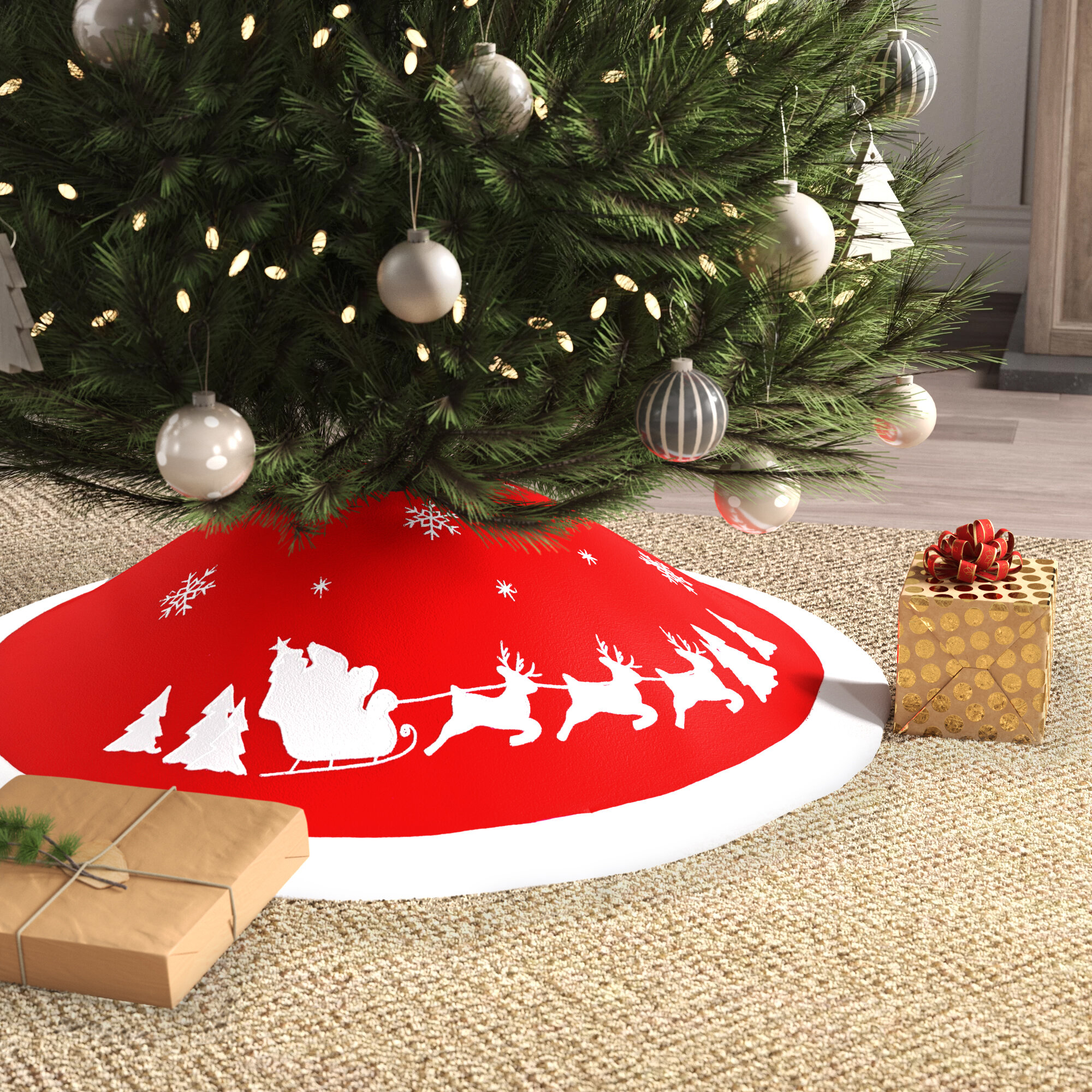 Christmas Ornaments Round Gold Red Tree Skirt Base Floor Mat Cover Xmas Decor 