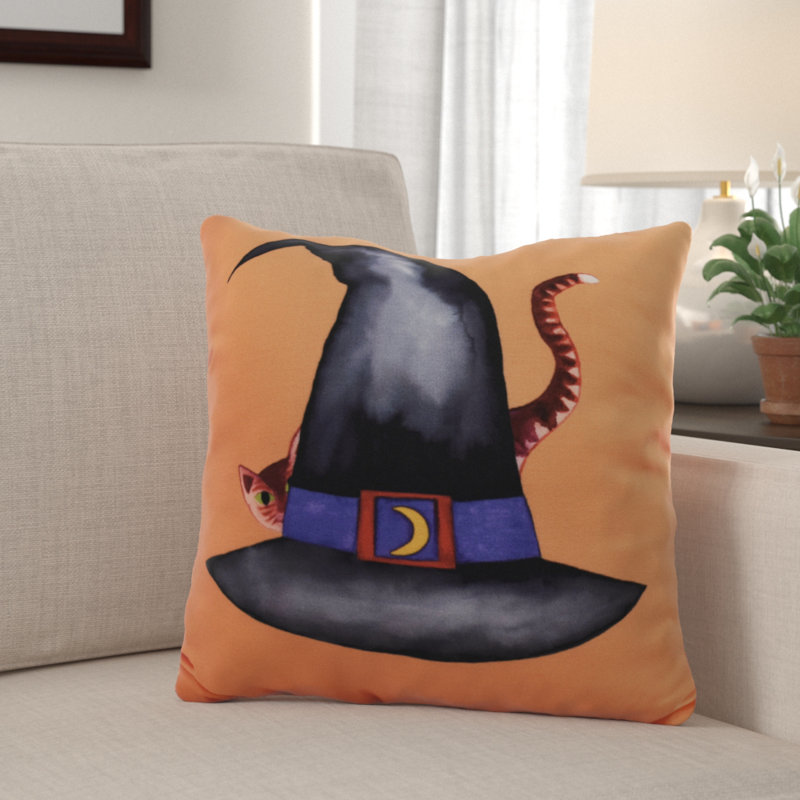 The Holiday Aisle Maser Cat Behind The Hat Halloween Throw Pillow