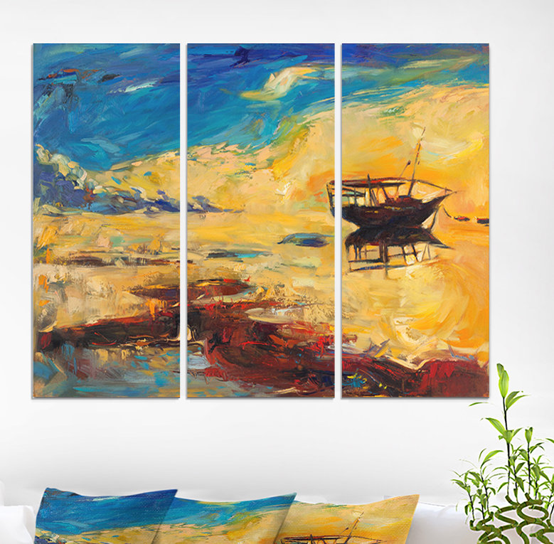East Urban Home Fishing Boat Over Ocean Sunset Oil Painting