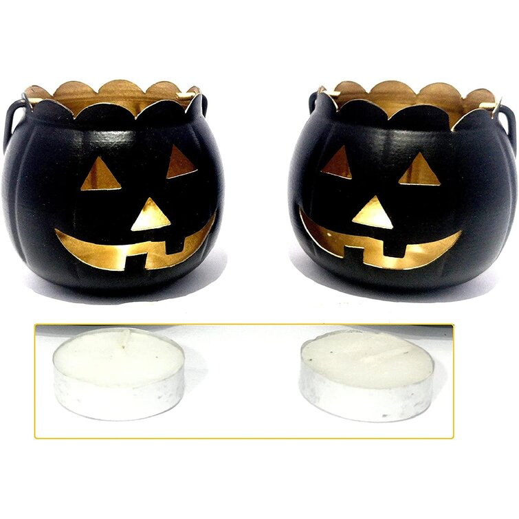Free Shipping  - Personalized Fall Pumpkin Metal Tea Light Candle Holder Tea Light Candles INCLUDED 4 L.E.D