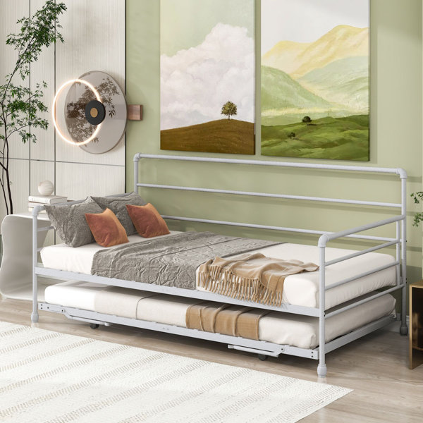 Foldable Iron Daybed Bed Frame With Headboard Premium Steel Slat Support Mattres 