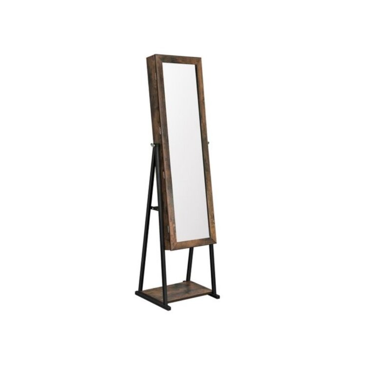 White Standing Jewelry Armoire Full Mirror Wooden Floor 4-Layer Shelf With Inner Mirror 2 Drawer Jewelry Storage Adjustable Mirror Cabinet