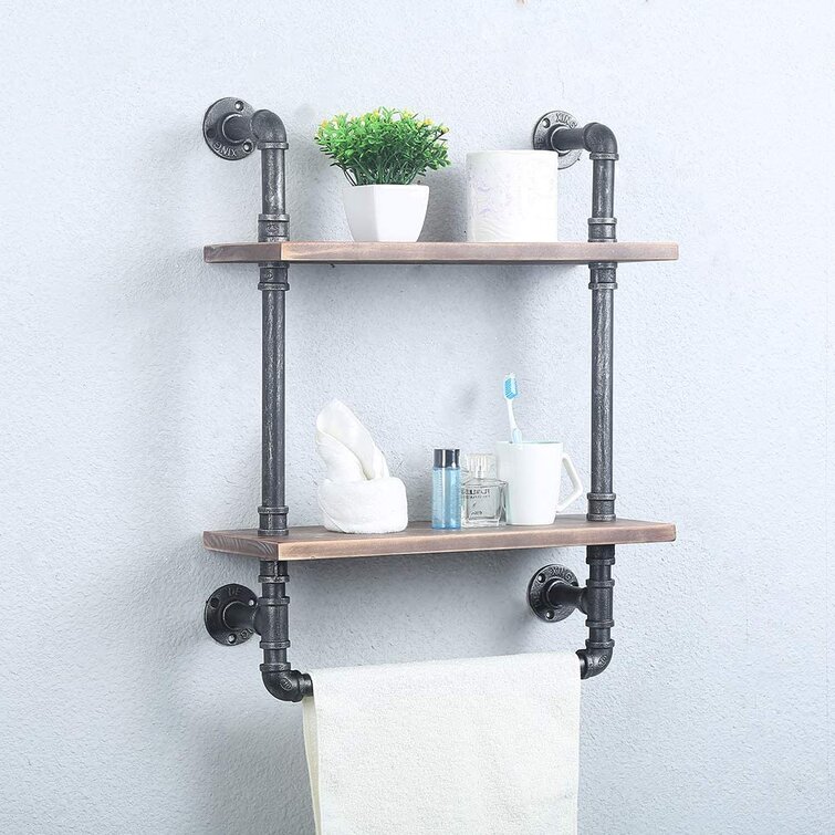 2 Tier Industrial Bathroom Shelves Wall Mounted,Rustic Pipe Shelving Wood Shelf with Towel Bar,19.68in Farmhouse Towel Rack,Metal Floating Shelves Towel Holder,Iron Distressed Shelf Over Toilet