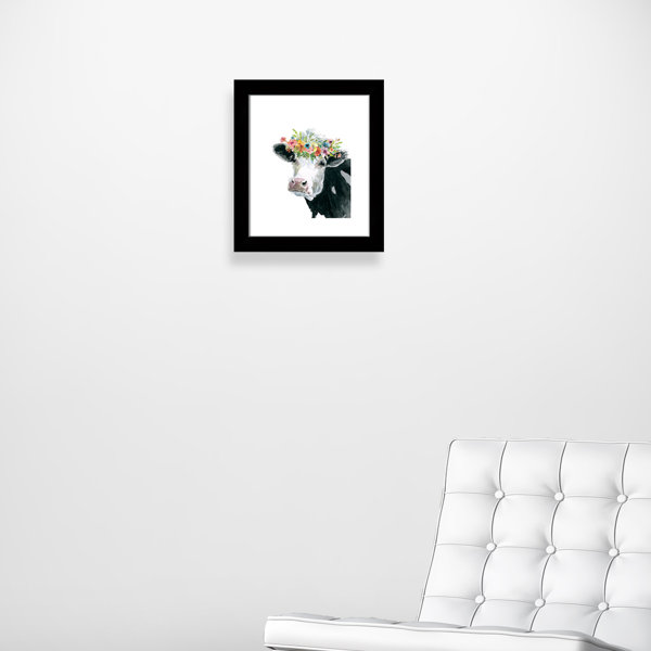 Zoomie Kids Flower Crown Cow Framed Watercolor Painting Print