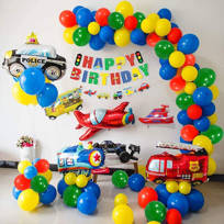 Mmtx Fetes Garcons Joyeux Anniversaire Banniere Vehicules De Transport Fleurons Ballons Avion Voiture De Police Autobus Scolaire Bateau De Pompiers Camion De Pompiers Pour Camion A Benne Basculante Garcons Fete De Naissance