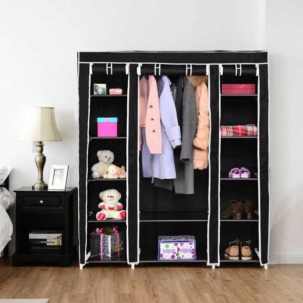 Large Brown Fabric Canvas Wardrobe With Hanging Rail Shelving