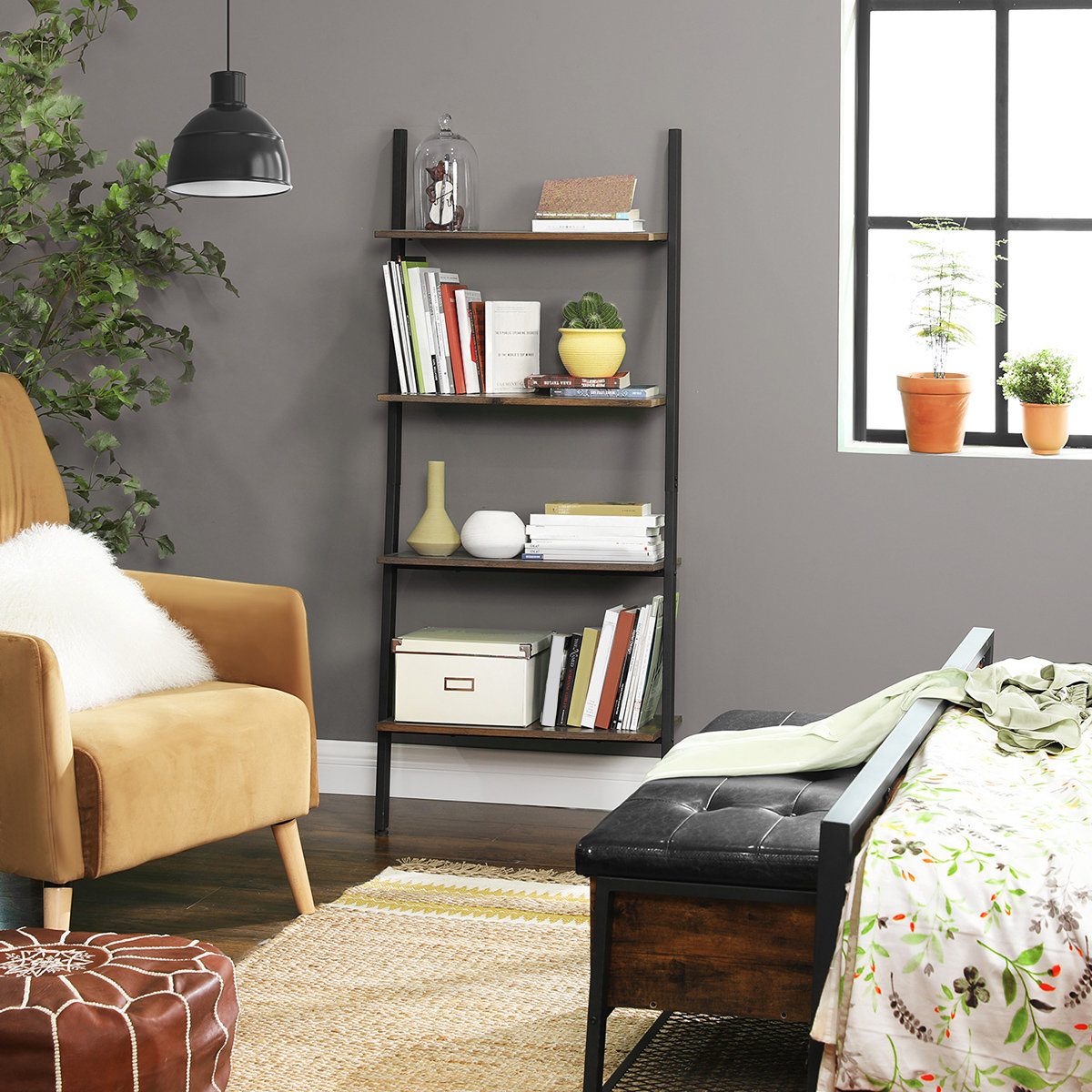 Iron Storage Rack Shelves Kitchen Office for Living Room Sloping Industrial Ladder Shelf Stable Rustic Brown Leaning Against The Wall 4-Tier Bookshelf