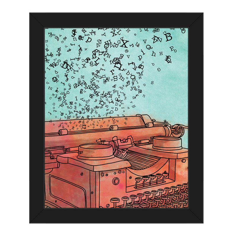 Click Wall Art Orange Typewriter Flying Letters Framed Painting