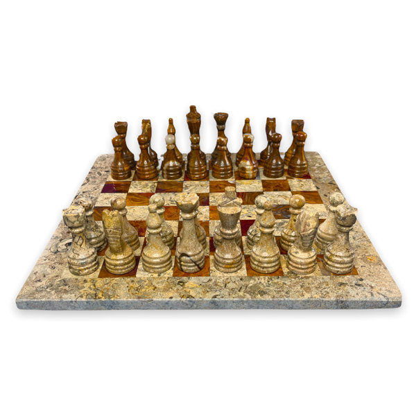 Handmade Rare Marble Stone Chess Game Set Pieces with Wooden Base Board  8 x 8 