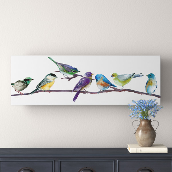 Birds on wire line painting wood board whimsical animal wall art -  .br