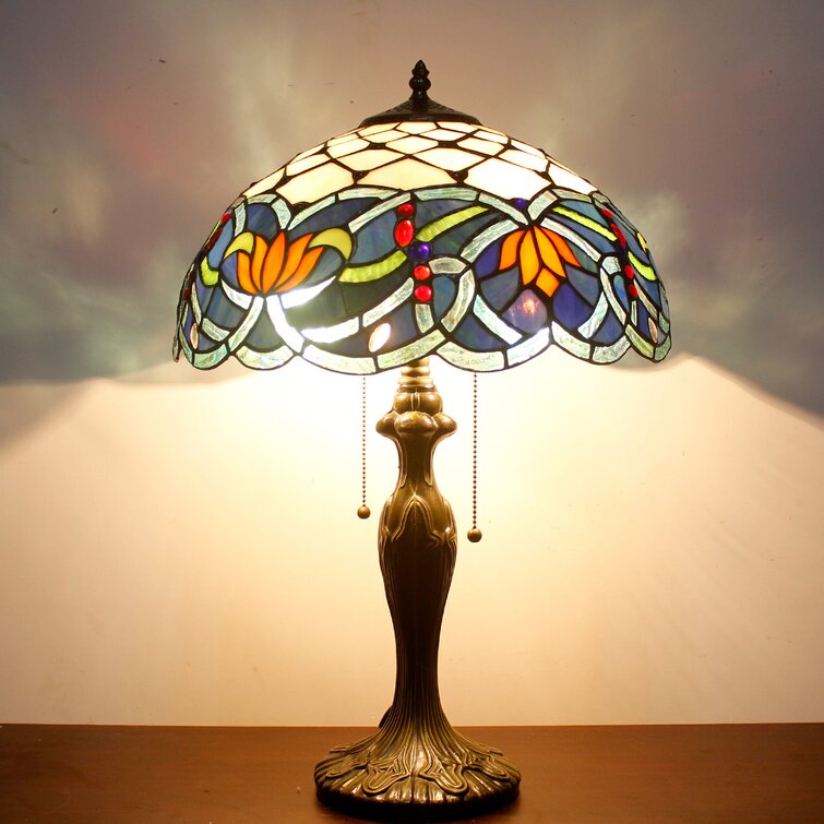 Bloomsbury Market Tiffany Table Lamp Stained Glass Bedside Lamp Living Room  Bedroom 24"Tall Blue Lotus Luxurious Farmhouse Large Desk Light Industrial  Retro Metal Base Memory Lamp Sympathy Bloomsbury Market LED Bulb Included |