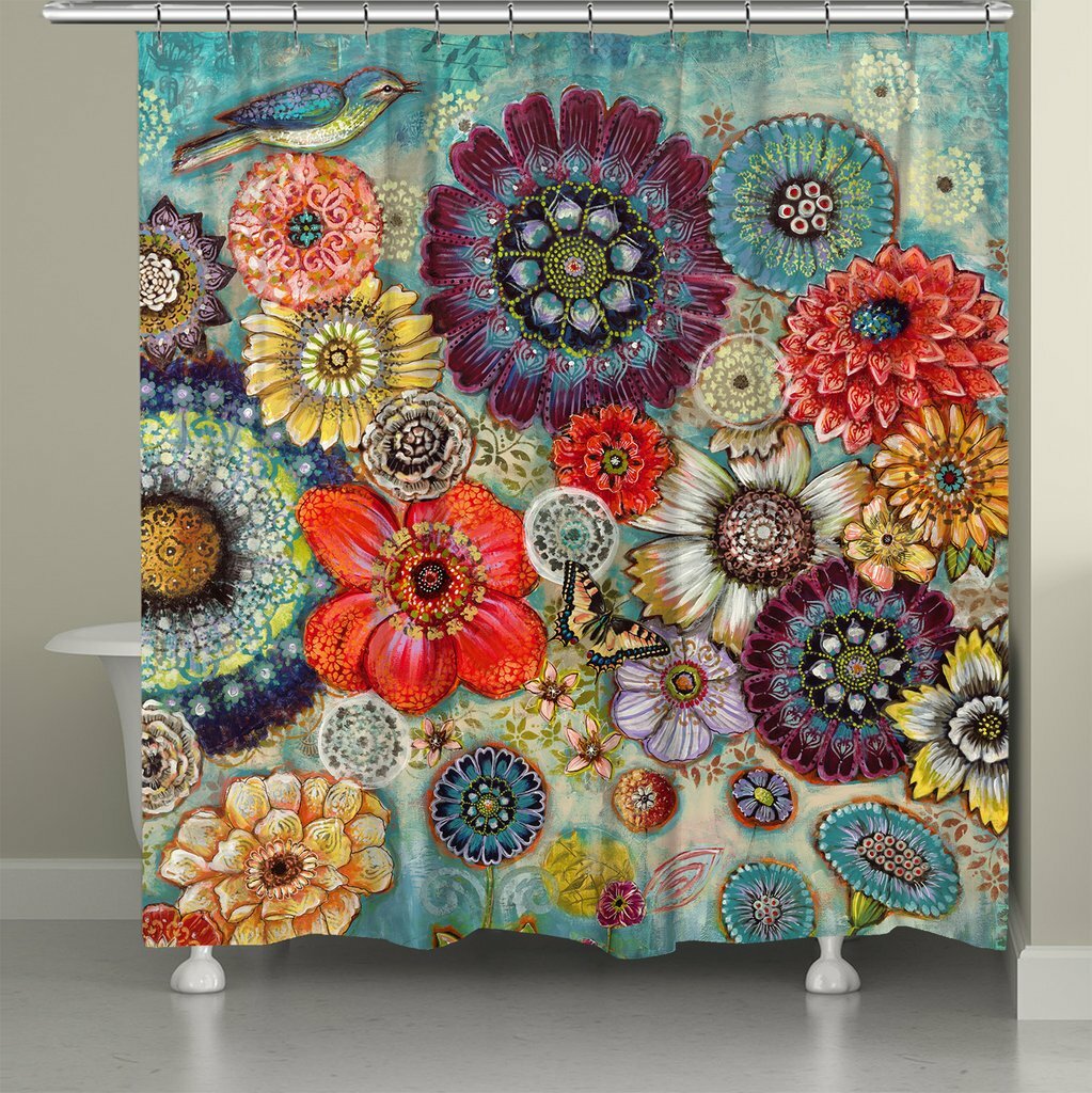 red and turquoise shower curtain
