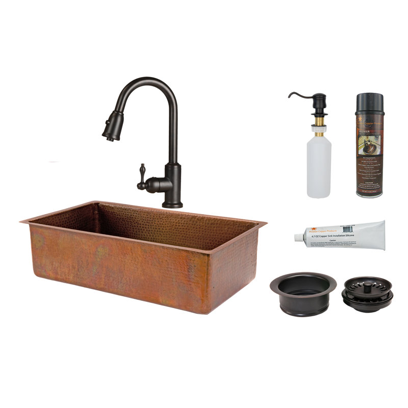 Premier Copper Products Hammered 33 L X 19 W Undermount Kitchen Sink With Faucet Soap Dispenser And Basket Strainer Wayfair Kitchen soap dispenser pump 304 stainless steel bottle copper head kitchen sink liquid soap dispensers hand. wayfair