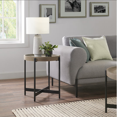 Lemley 20"W Industrial Farmhouse Solid Wood Metal Concrete Coating Round End Table With Tray Top