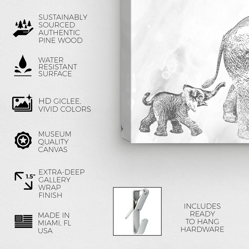 MOTHER AND BABY ELEPHANT BLACK CANVAS PRINT PICTURE READY TO HANG