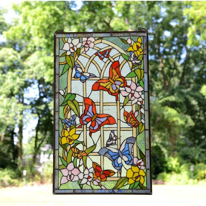 Astoria Grand Stained Glass Butterfly Garden Window Panel | Wayfair