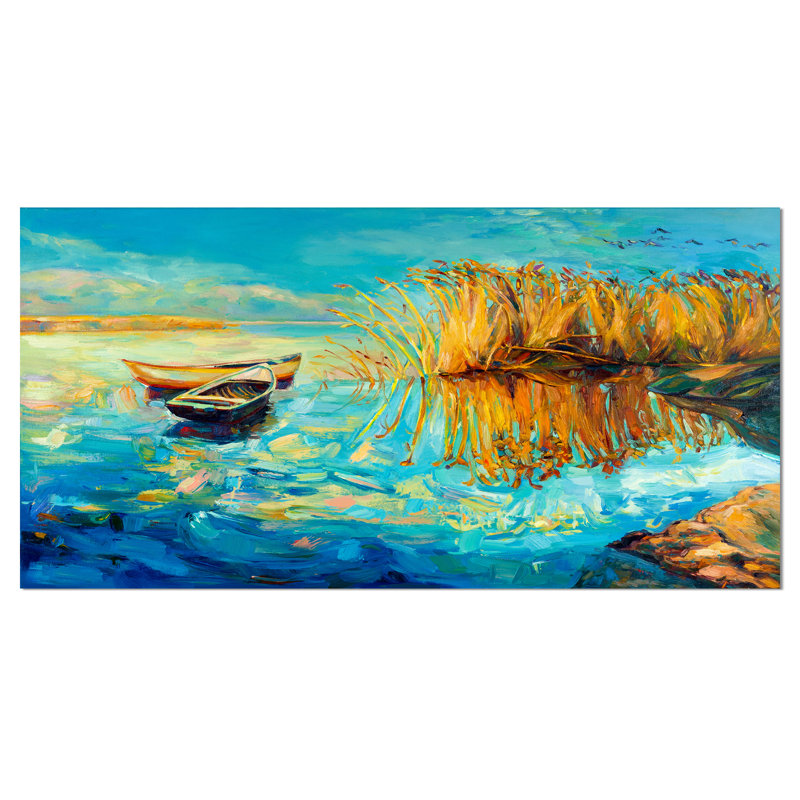 East Urban Home Colorful Lake With Boats Oil Painting Print On