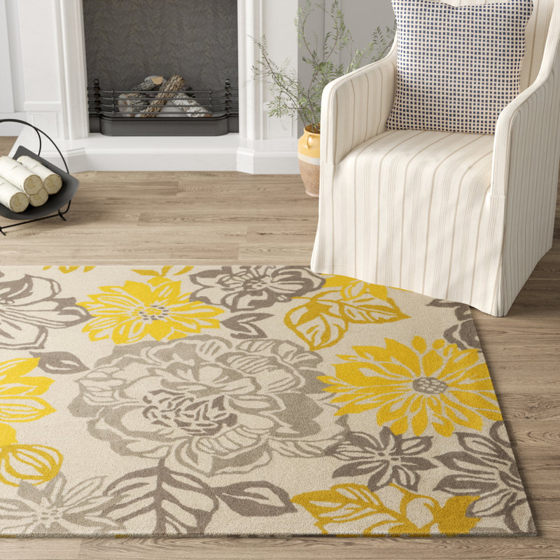 August Grove Amezcua Floral Handmade Tufted Gray Yellow Area Rug Reviews Wayfair