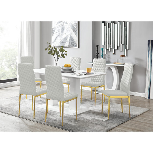 Ivy Bronx Eubanks 6 White Dining Table And 6 White Gold Leg Chairs ...