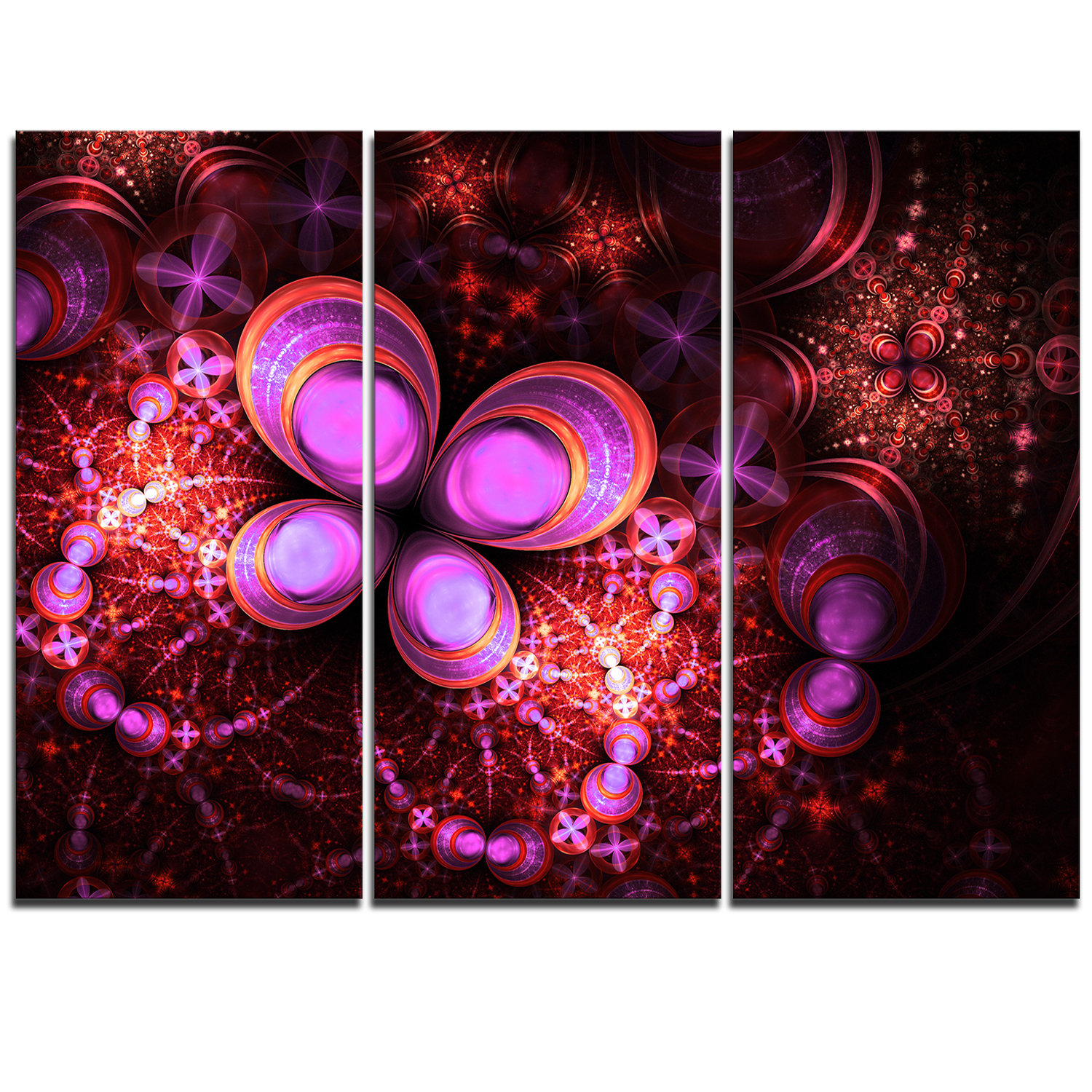 Designart Glowing Purple Pink Fractal Flower 3 Piece Graphic Art On Wrapped Canvas Set Wayfair