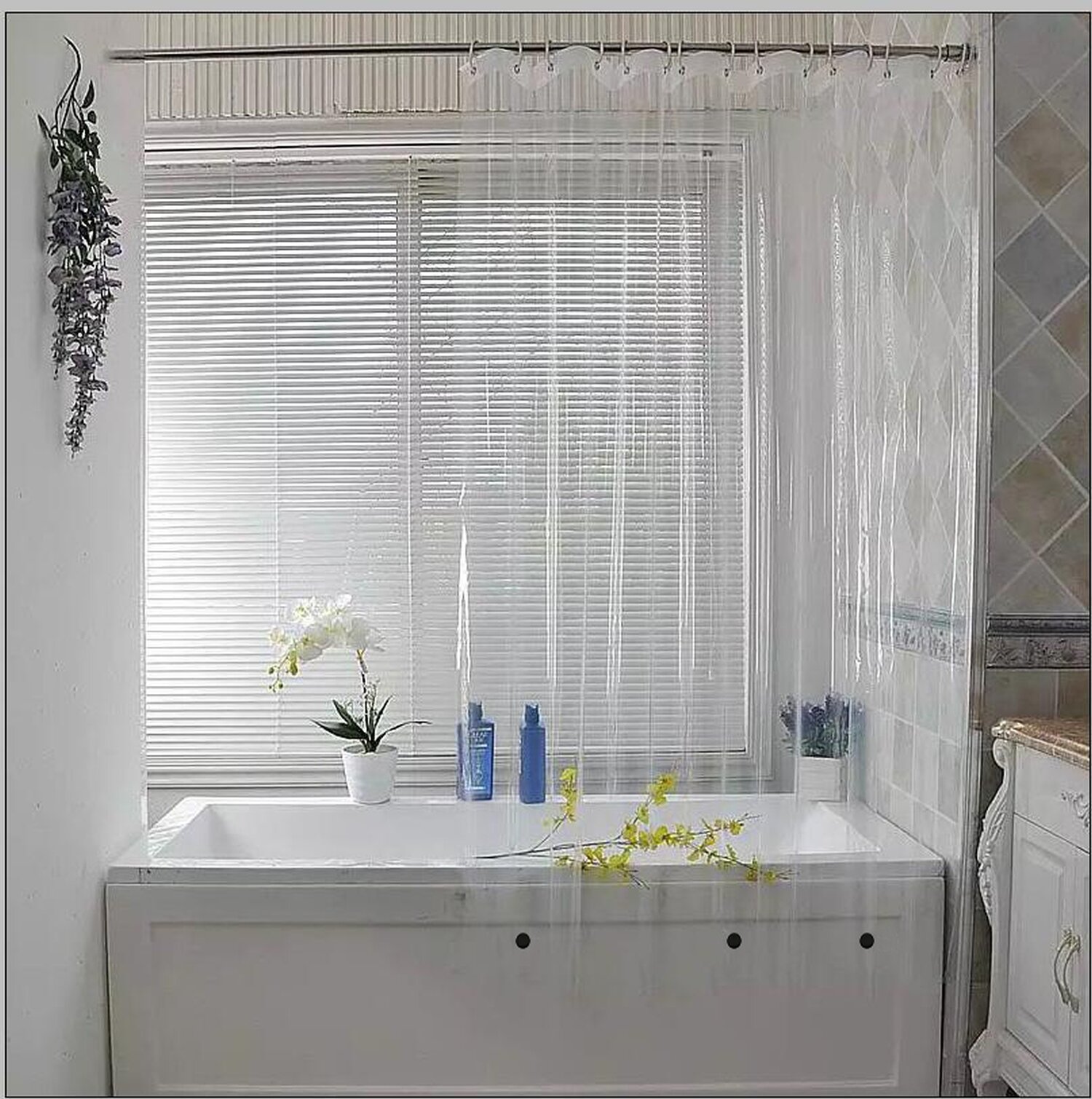 72 x 78 inches UFRIDAY White Lattice Polyester Shower Curtain with Mesh Window Waterproof Bathroom Curtain Washable Bath Curtain with Metal Grommets