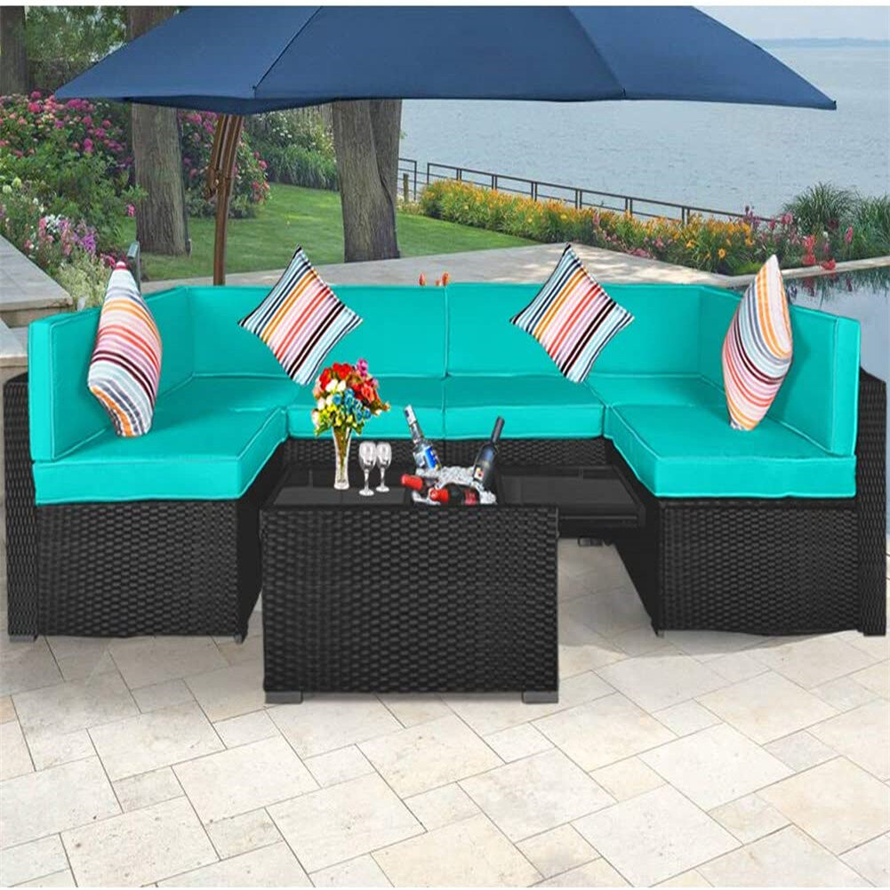 Latitude Run 7 Piece Outdoor Patio Furniture Set Pe Rattan Wicker Conversation Sofa Set Outdoor Sectional Hand Woven Wicker Sofa Set With Cooler Table Cushions And Pillows Wayfair