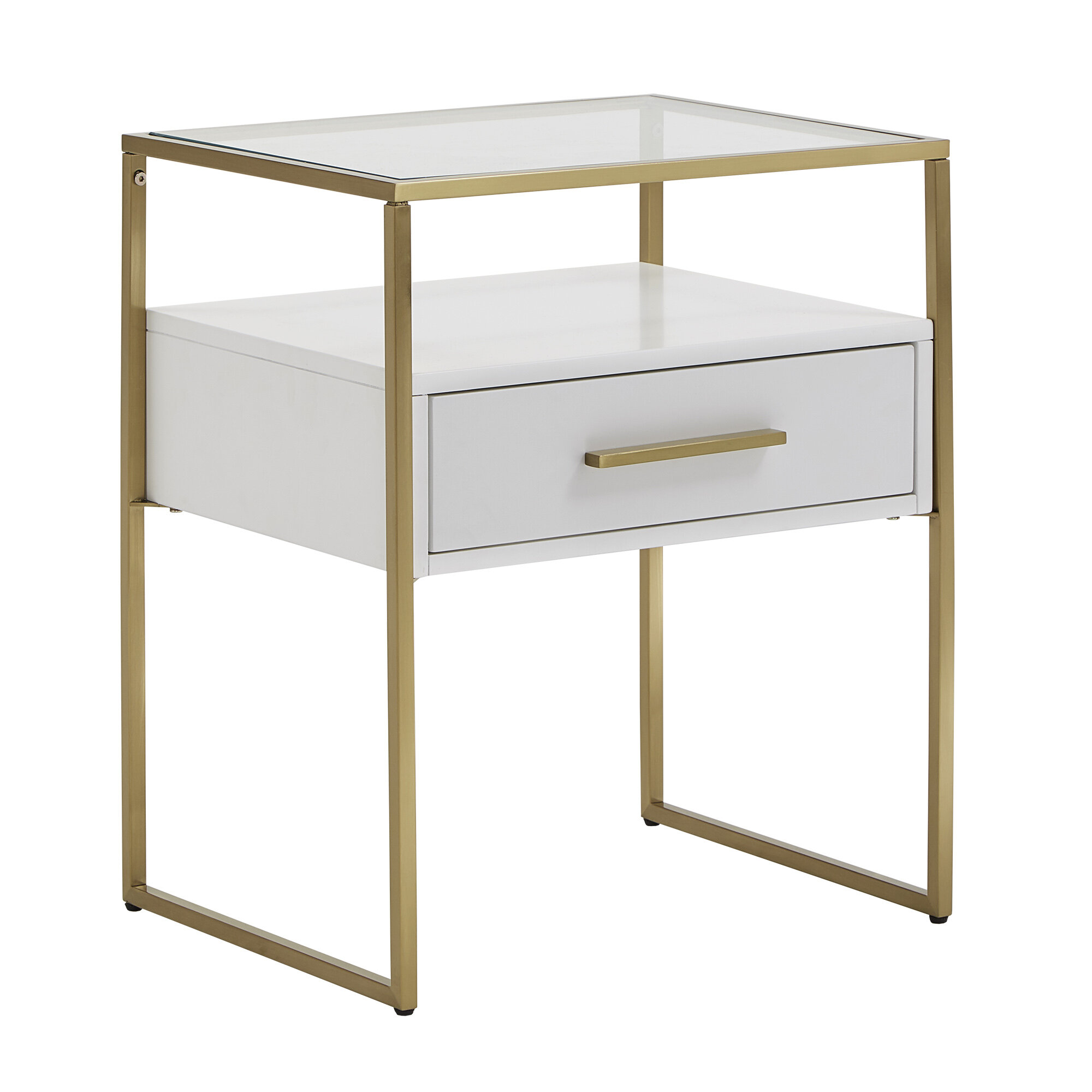 Everly Quinn White Finish 1 Drawer End Table With Glass Top Gold Finish Stainless Steel Frame Reviews Wayfair Ca