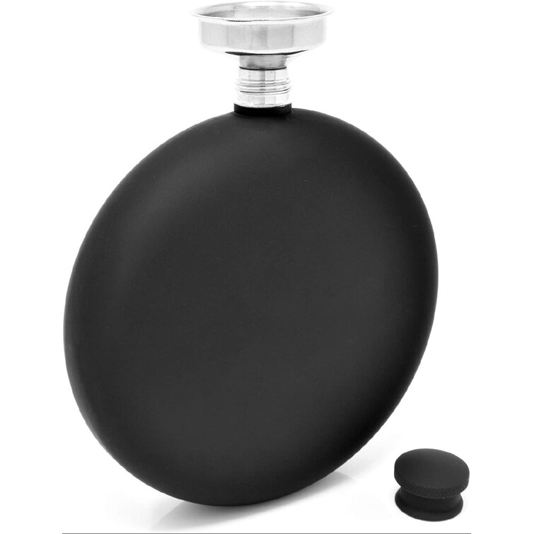 Hip Flask for Liquor Matte Black 5 Oz Stainless Steel Leak-Proof Circular with Funnel in Gift Package for Men & Women.