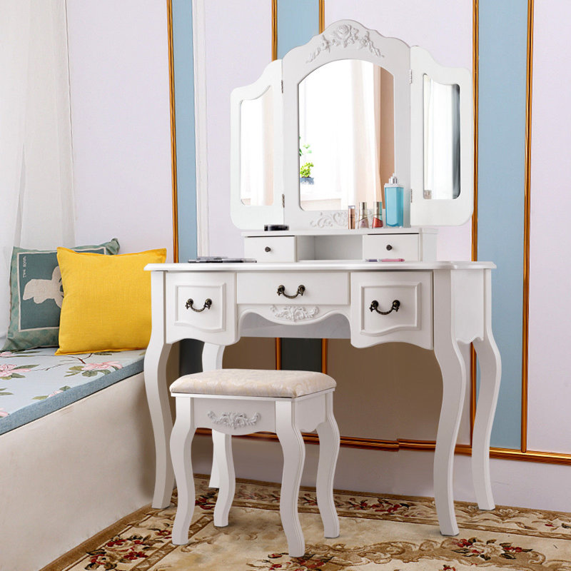 Charlton Home Berggren Tri Folding Vintage Vanity Set With Stool